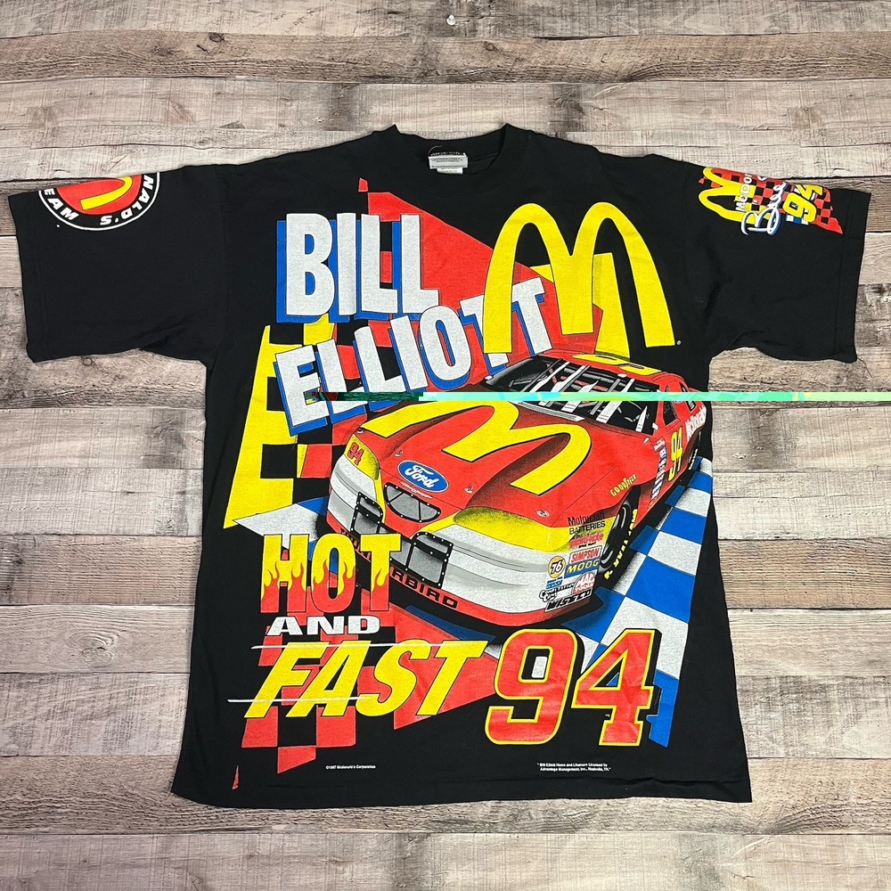 Bill Elliot Shirt Size XL Black Vintage 90s McDonalds Hot And Fast NASCAR